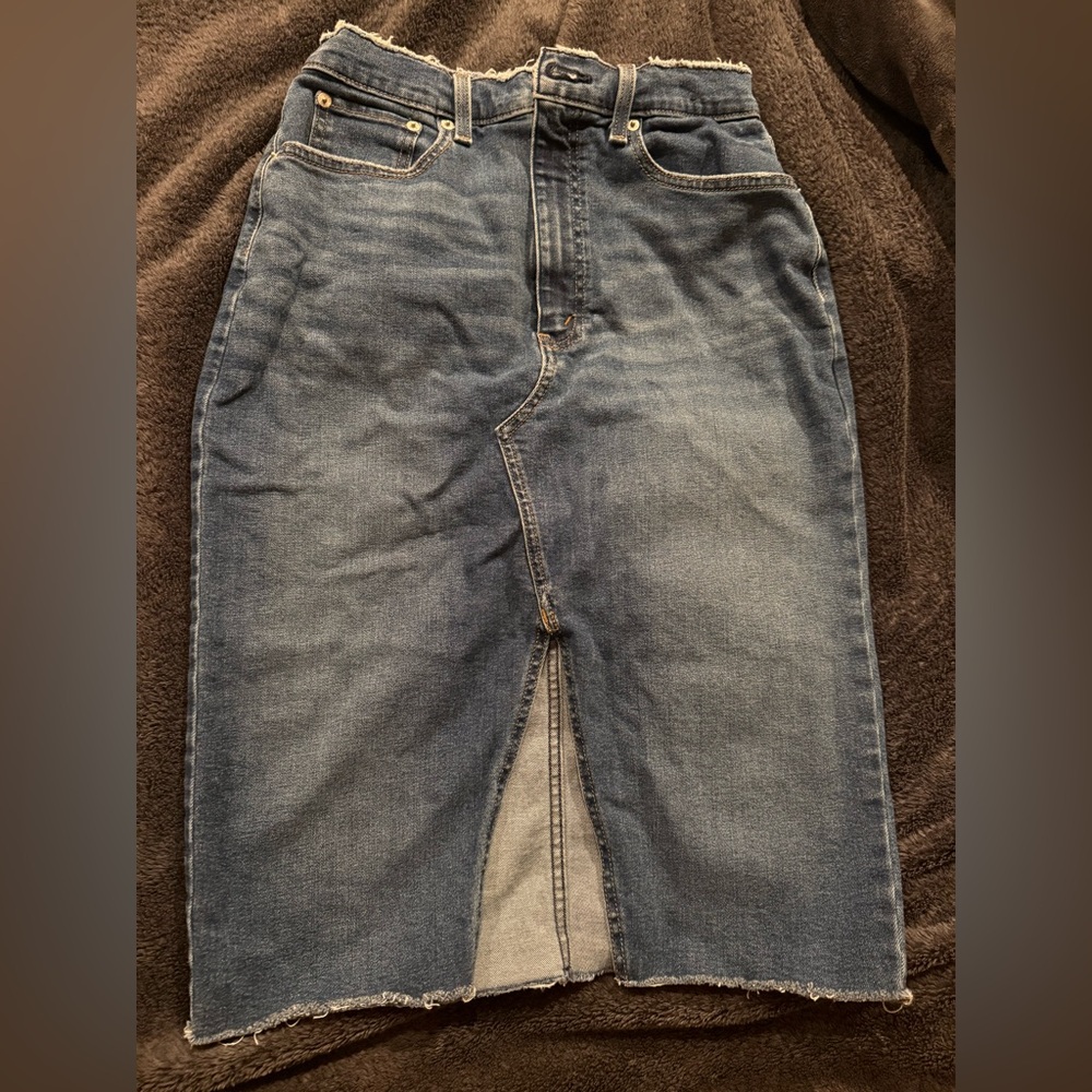 Abercrombie & Fitch Denim Natural Rise Front Slit Distressed Pencil Midi Skirt